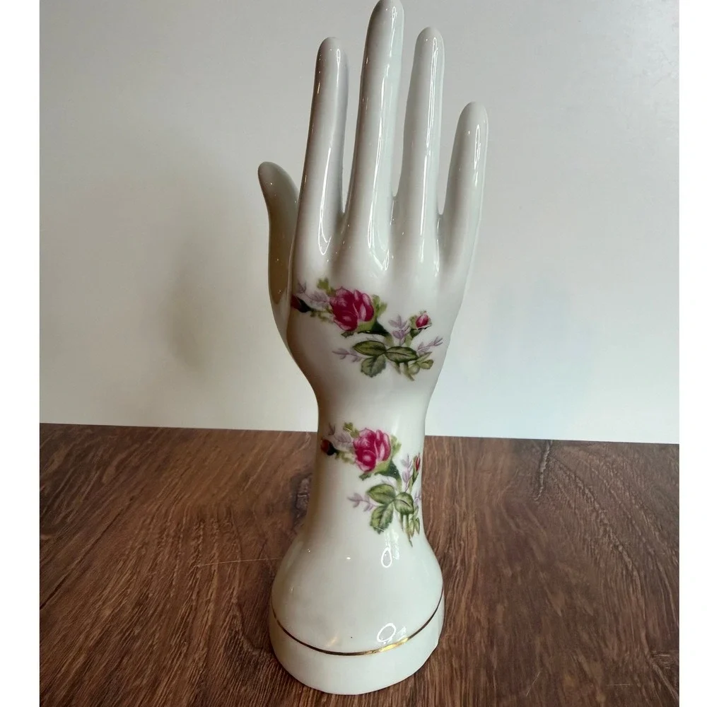 Vintage Porcelain Floral Hand Ring Holder Jewelry Display Rose Gold Trim